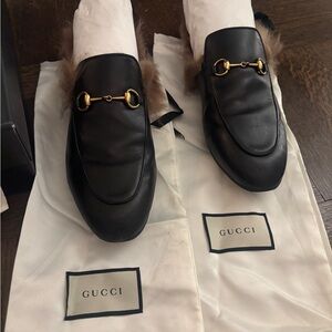 Gucci Black Leather Loafers with Fur and Gold Accents